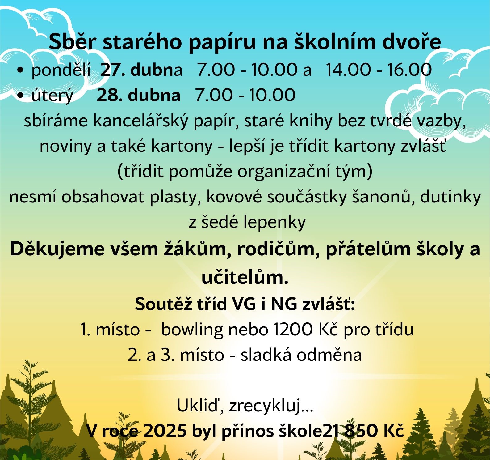 Sběr starého papíru na dvoře školy proběhne 27. a 28. dubna