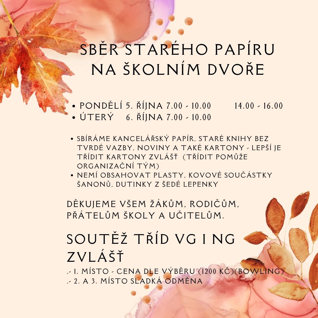 Sběr starého papíru a školním dvoř proběhne v pondělí 5. a v úterý 6. října
